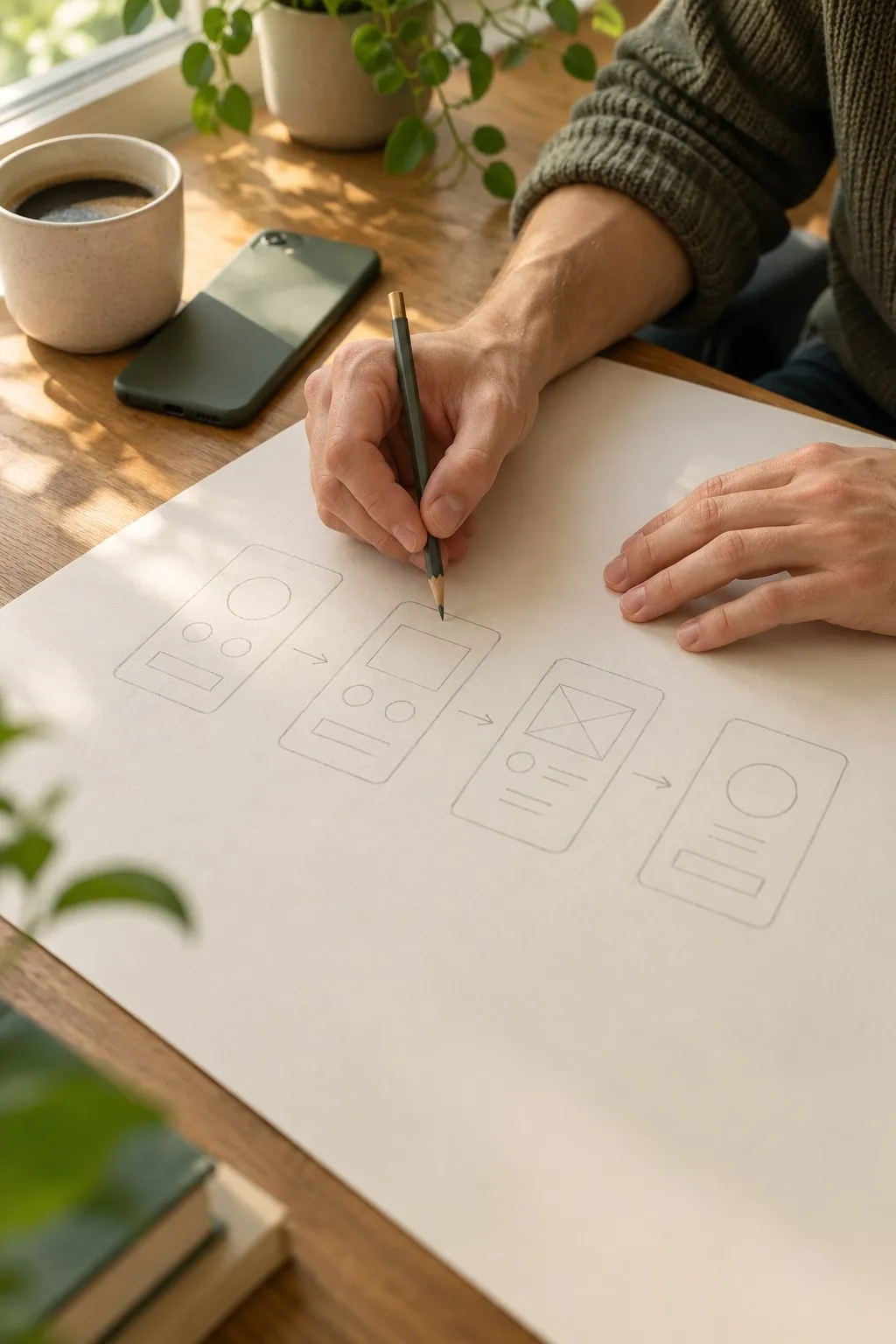 Hands sketching a row of app screens with a pencil, next to a phone and a cup of coffee