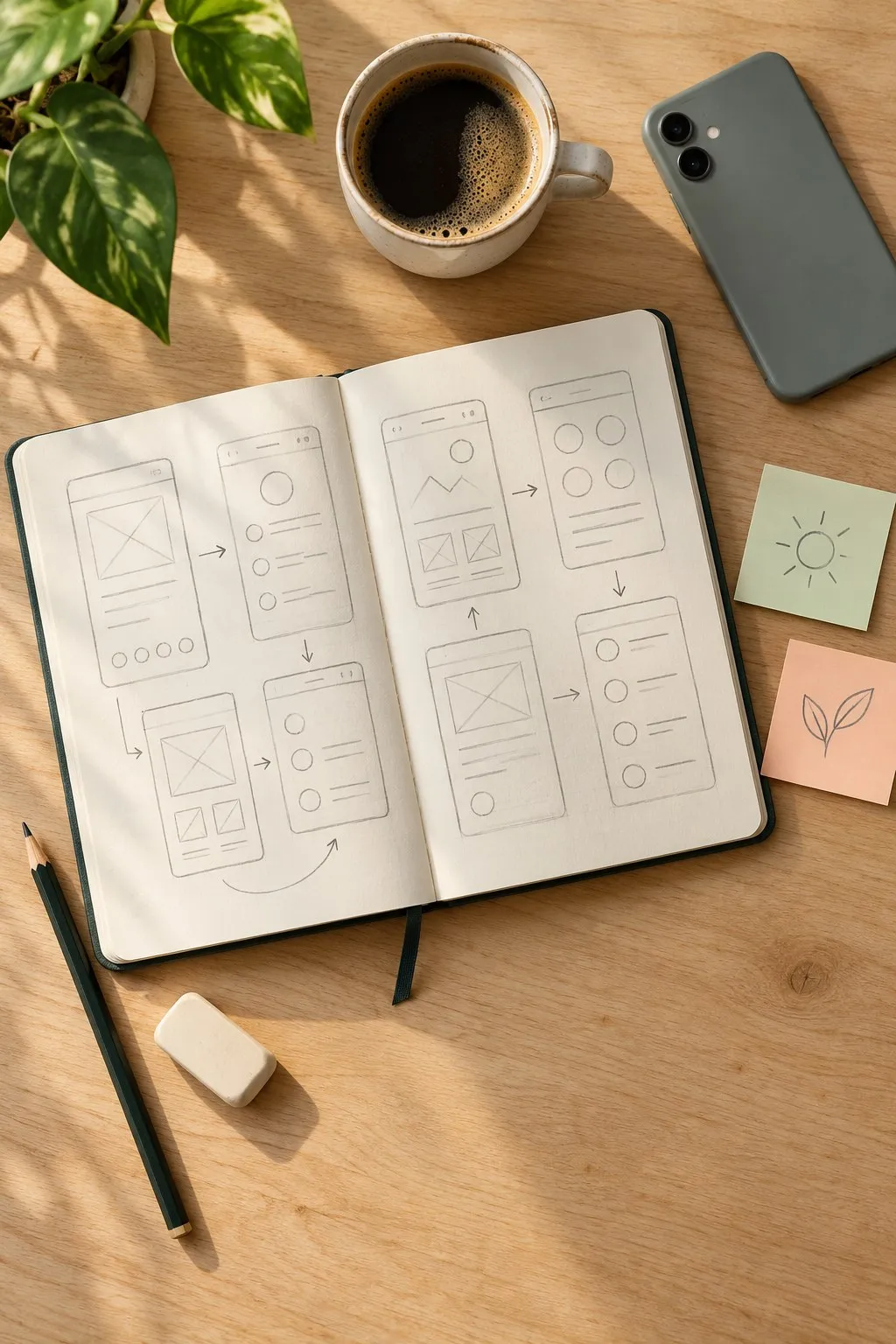 A notebook with pencil sketches of app screens on a wooden desk, next to a phone and a cup of coffee
