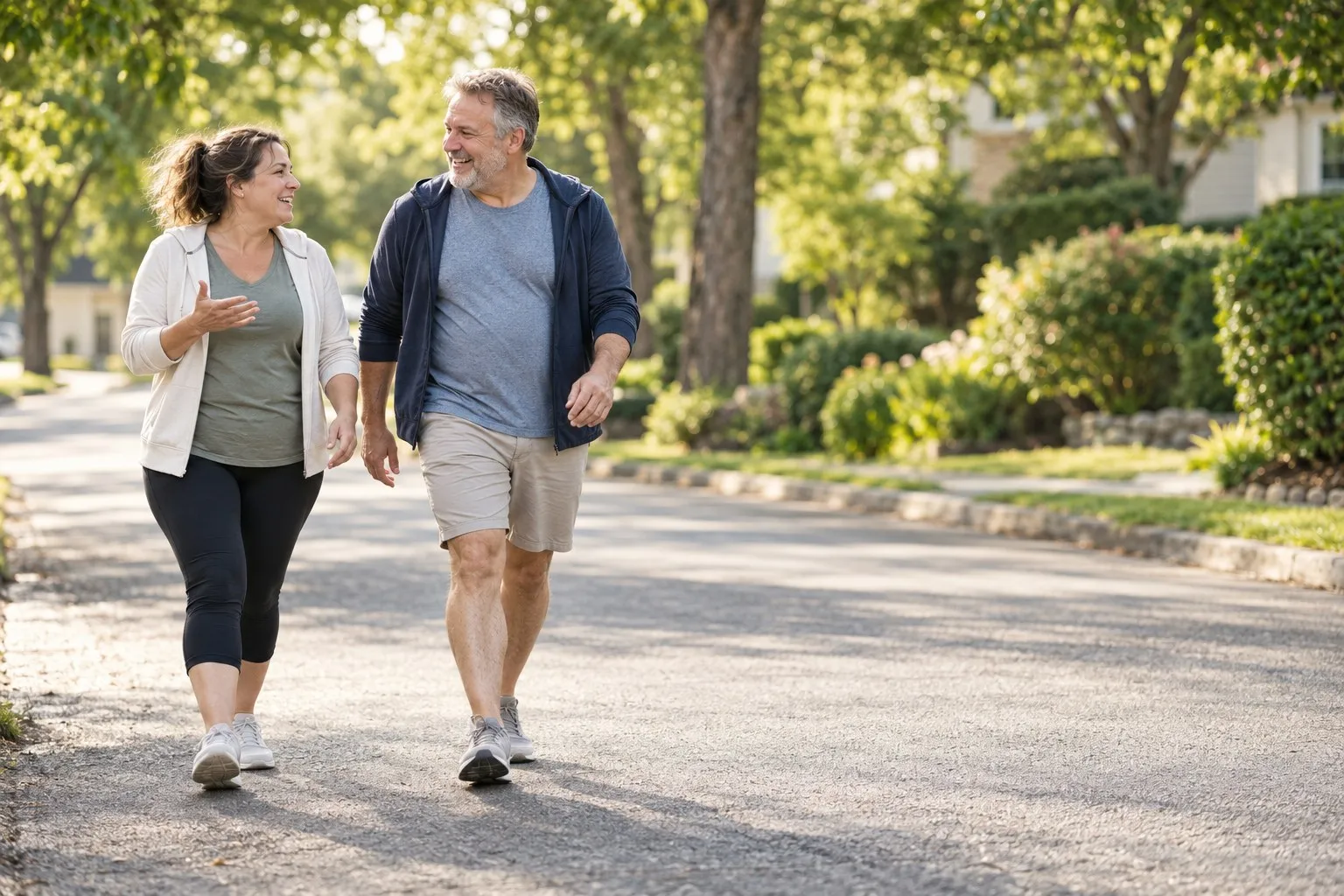 A couple in their fifties laughing as they walk briskly along a leafy street