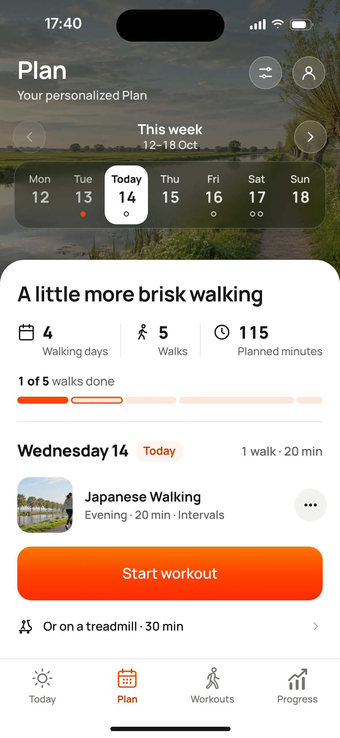 Mova's Plan screen: this week's walking days, with today's walk