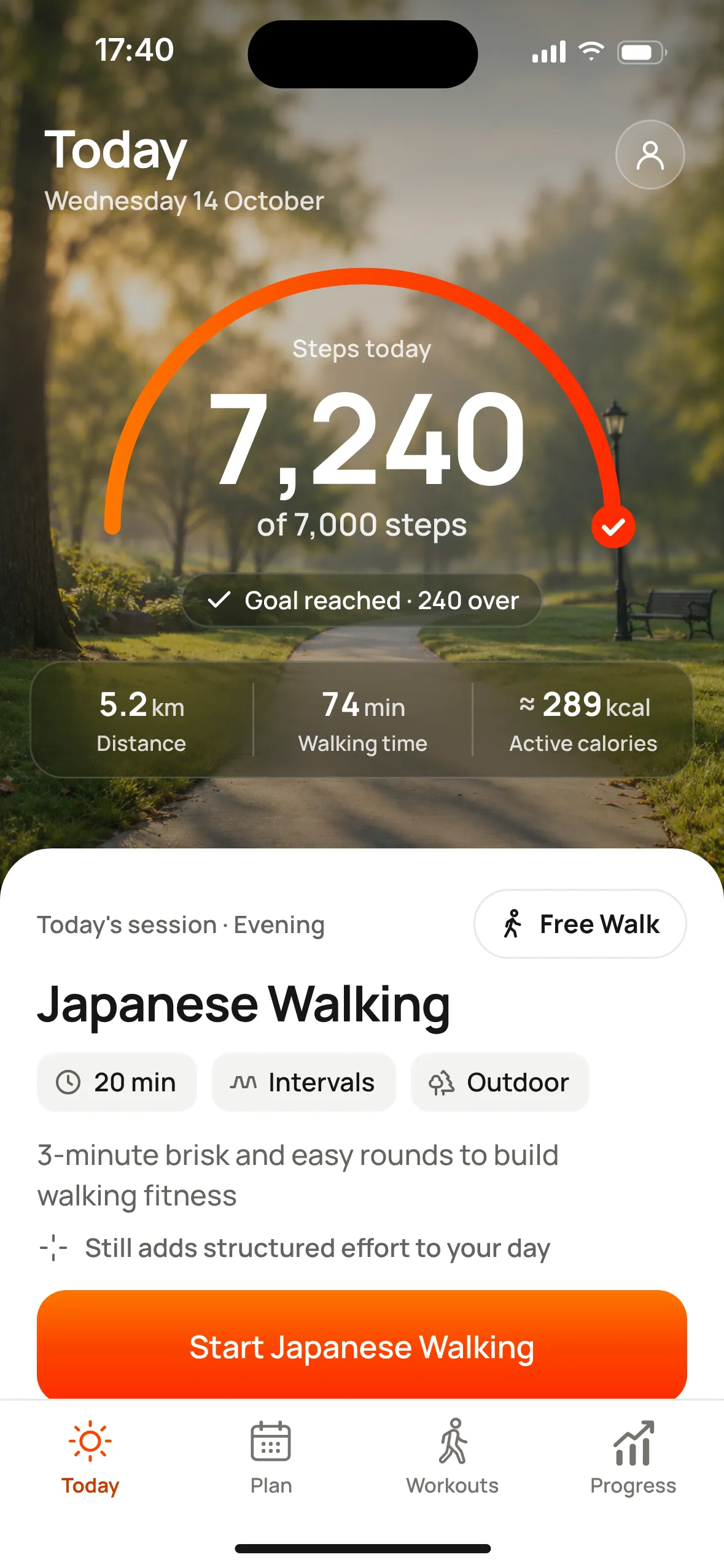 Mova's Today screen: 7,240 of 7,000 steps, goal reached