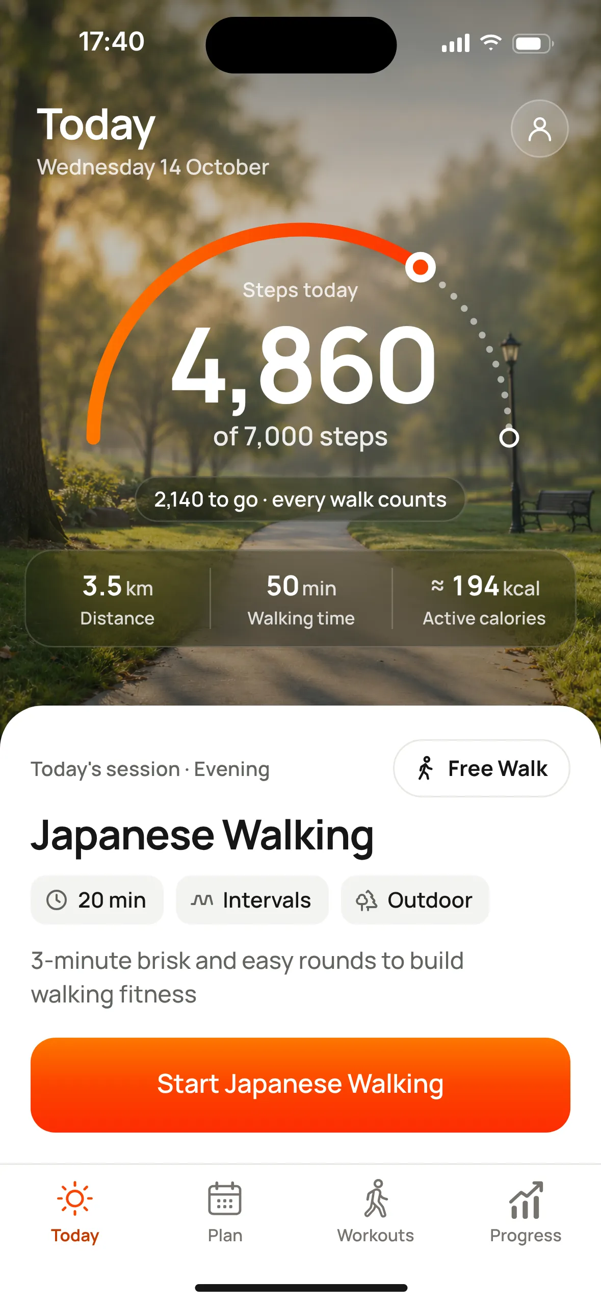Mova's Today screen: 4,860 of 7,000 steps so far today, and a 20-minute Japanese Walking session ready to start